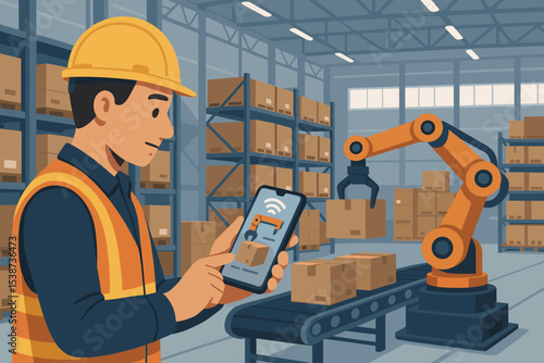 Smart factory and warehouse automation concept. Worker controls robotic arm on conveyor belt with smartphone app. Industry 4.0 logistics, supply chain, and inventory management.