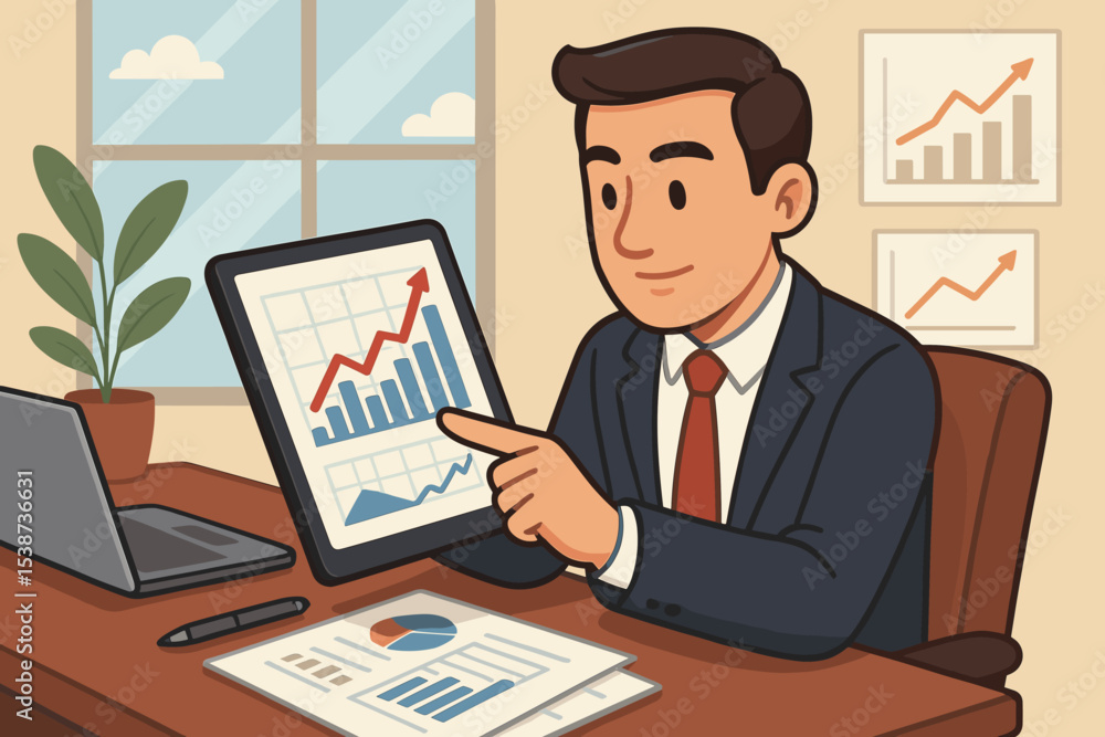 Businessman analyzing financial market data on a tablet. Manager pointing at growth chart. Business strategy and investment performance. Corporate success and stock market analysis. Businessman analyzing financial market data on a tablet. Manager pointing at growth chart. Business strategy and investment performance. Corporate success and stock market analysis.