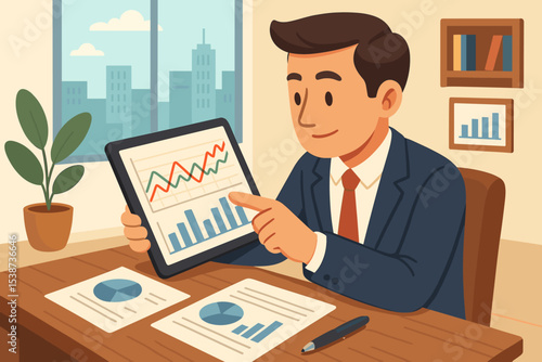 Businessman analyzing financial data on a tablet. Office manager reviewing market report with charts and graphs. Concept of investment, statistics, corporate strategy, success.