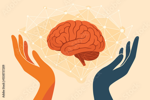 Human hands supporting brain with neural network connections. Mental health, psychology, cognitive science, neurological care, intelligence, learning, mindfulness, therapy, abstract concept.