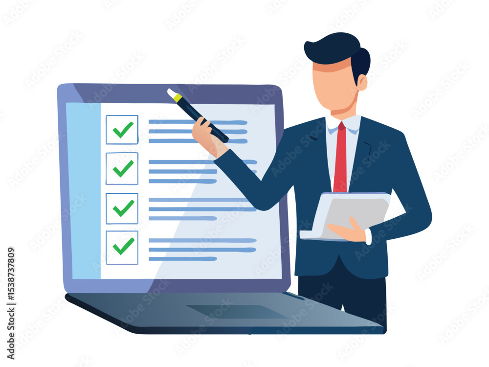Businessman use pen to tick correct sign mark in checkbox for quality document control checklist and business approve project concept. Businessman use pen to tick correct sign mark in checkbox for quality document control checklist and business approve project concept.