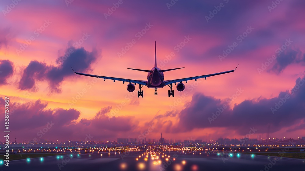 An airplane is landing on a runway during a vibrant sunset with purple, pink, and orange clouds over a distant city skyline. An airplane is landing on a runway during a vibrant sunset with purple, pink, and orange clouds over a distant city skyline.