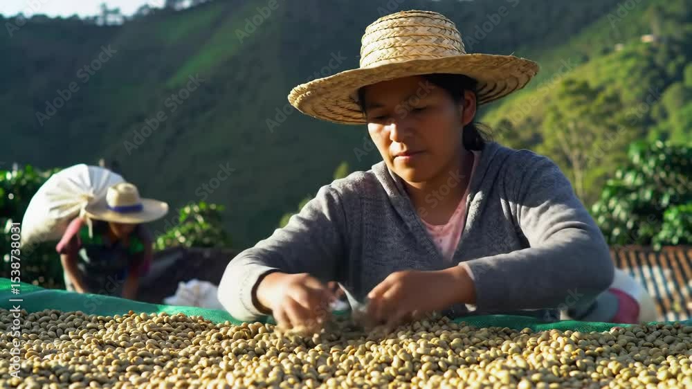 Colombian Woman Working Hard Sorting Coffee Beans on a Picturesque Plantation in Rural Latin America