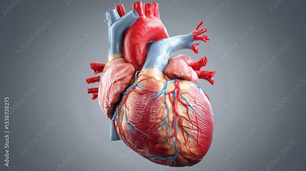 Naklejka premium A detailed 3D illustration of a human heart showing arteries, veins, and chambers in realistic colors against a gray background.