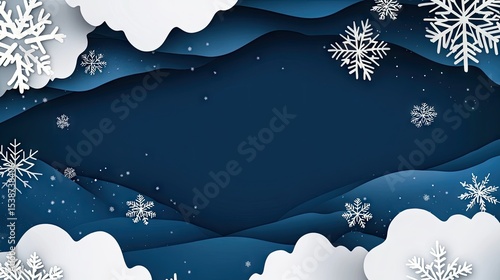 Winter scene with snowflakes and clouds in paper cut style.