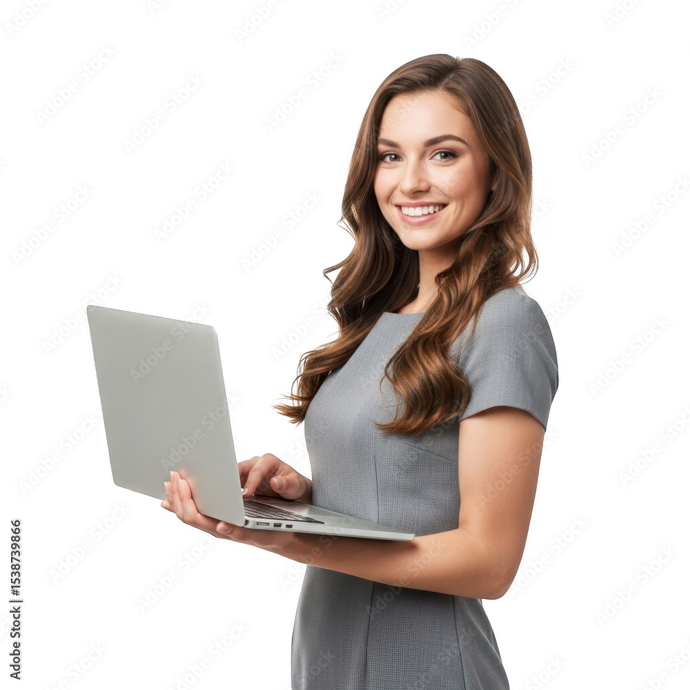 Smiling woman in a gray dress holds a laptop and looks at the viewer. Smiling woman in a gray dress holds a laptop and looks at the viewer.