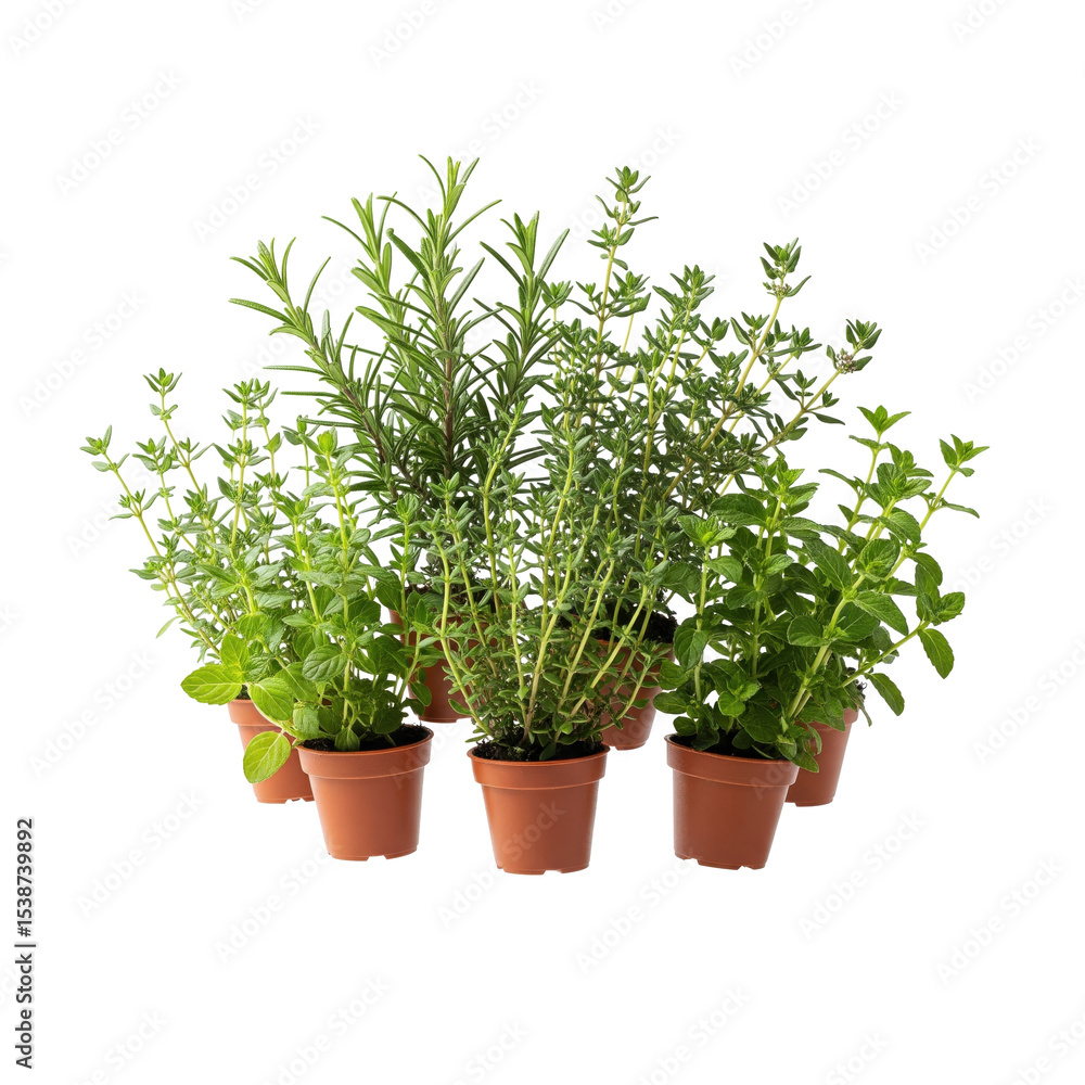 Fototapeta premium Floating cluster of mini potted herbs on a solid white background