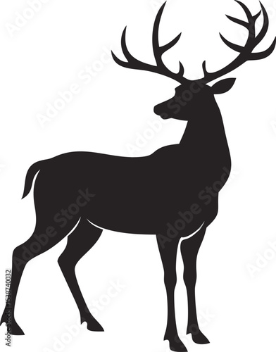 Black Silhouette of a Majestic Stag with Large Antlers Standing on White Background a Side Profile View Graphic Image