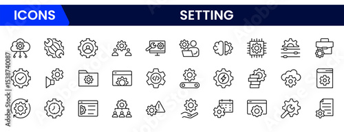 Sleek vector web line icons depicting settings, configurations, tools, adjustments, and system optimization for seamless digital functionality and control.