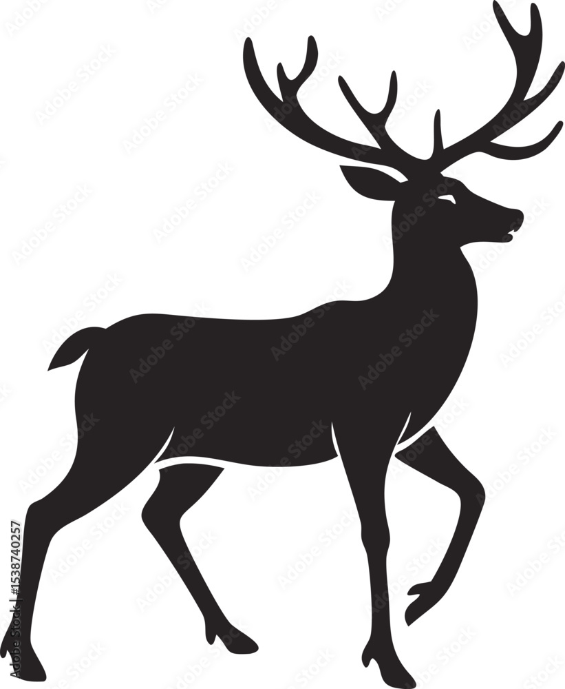 Fototapeta premium Black Silhouette of a Stag with Large Antlers Standing Profile View Simple Graphic Design Element