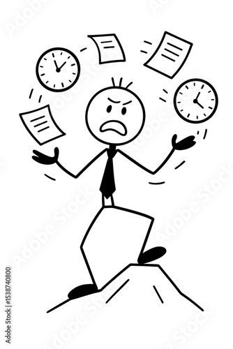 Angry businessman juggling tasks and clocks symbolizing overload