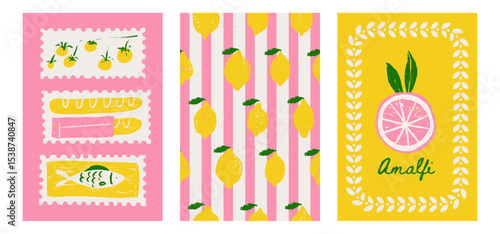 Posters set inspired by Italy featuring lemon, tomatoes, fish, bread, , and striped background. Mediterranean food, culture, and travel themed graphic. Textured hand drawn naive vector illustration.