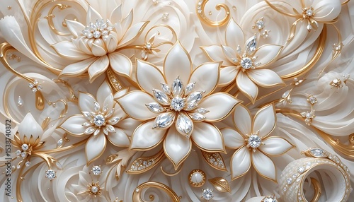 Elegant white flowers with gold accents and crystal embellishments in luxurious 3D style. Perfect for wedding decor, luxury branding, or background designs.