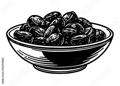 Arab food in bowl icon, Bowl of dried dates on Silhouette background