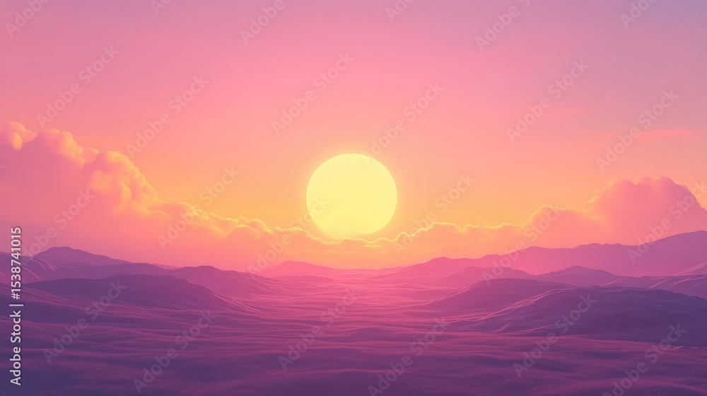Fototapeta premium Serene Sunset Over Rolling Hills with Soft Purple and Pink Hues in Delightful Evening Sky