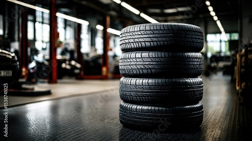 Four car tires stacked in auto repair shop