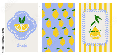 Cute naive Italy Amalfi poster cover template design set. Italian dolce vita vector illustration theme for Summer background card print with lemons. Textured pencil drawing