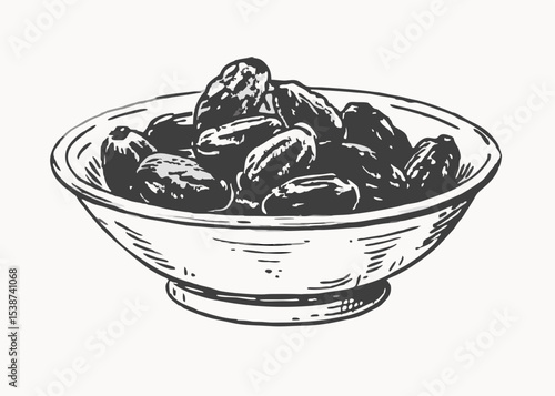Plenty of dates arranged in a white bowl, vintage style Minimalist concept vector illustration