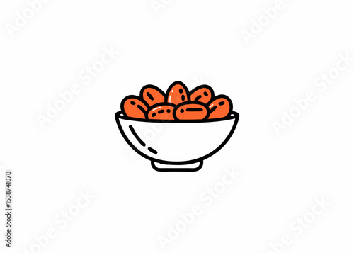 Arab food in bowl icon, Dried dates fruits with white bowl isolated on white background.