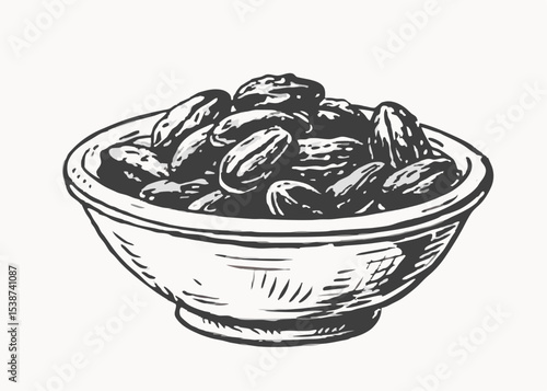Plenty of dates arranged in a white bowl, vintage style Minimalist concept vector illustration
