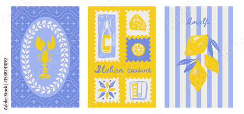 Yellow and blue Amalfi summer posters set. Vector illustration of citrus, cut fruit, Italian tiles pattern, Mediterranean food for invitation, card, packaging, label. Textured pencil drawing