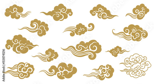 Golden chinese cloud motifs on white background with swirling patterns vector illustration