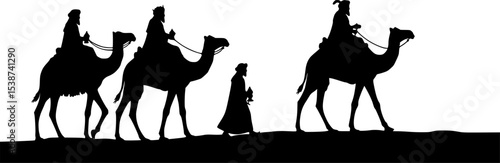 set of Silhouette of Three Wise Men Kings or Magi on Camels Walking Towards the Star of Bethlehem, Isolated on a Transparent Background
