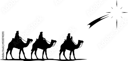 set of Silhouette of Three Wise Men Kings or Magi on Camels Walking Towards the Star of Bethlehem, Isolated on a Transparent Background
