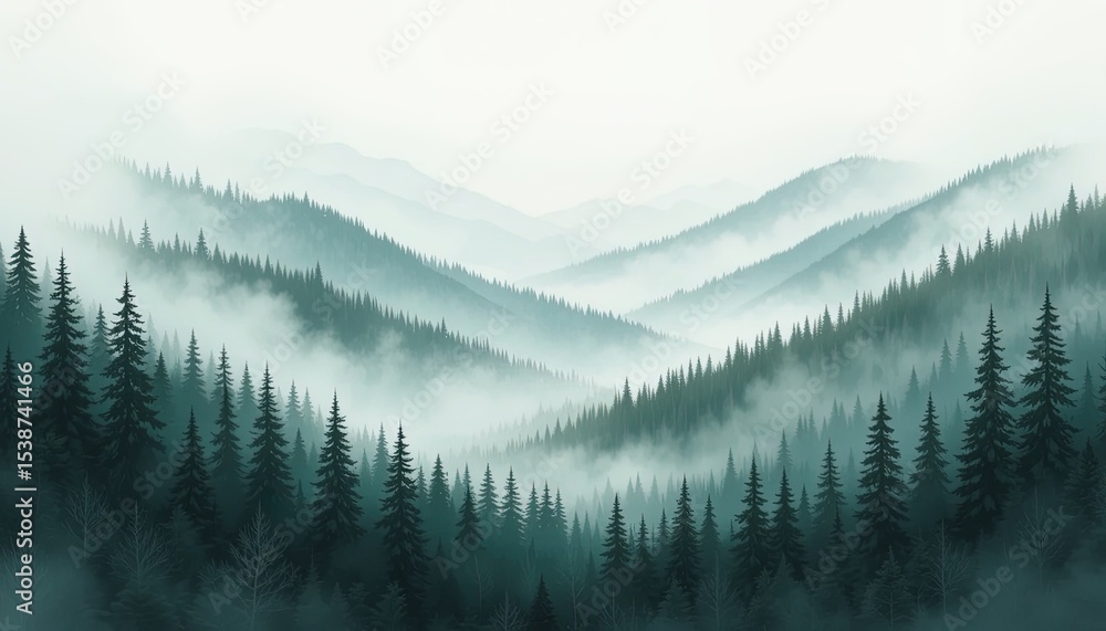 Naklejka premium Misty mountain range with dense forest.