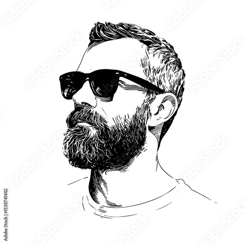 Detailed black and white sketch of a bearded man with sunglasses, vector illustration
