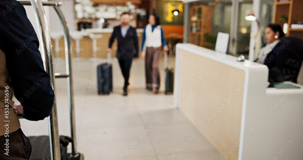 Hotel, luggage and people in lobby, blur and business with checkout, service and guests. Travel agency, hallway and break with hospitality, reception and suitcase with trip, walking and professional Hotel, luggage and people in lobby, blur and business with checkout, service and guests. Travel agency, hallway and break with hospitality, reception and suitcase with trip, walking and professional