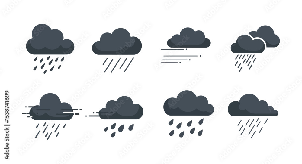 Set of eight weather icons depicting various rain cloud patterns vector illustration Set of eight weather icons depicting various rain cloud patterns vector illustration
