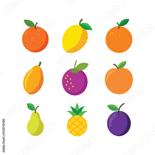 Vector art of assortment of colorful cartoon fruit including oranges lemons pears pineapples and plums isolated on white background