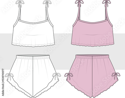 Women cropped tank top and frill shorts with bow detail. Nightwear set, home wear, technical fashion drawing, illustration. Front view vector. Cad, Mockup set.