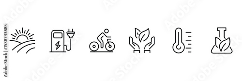 Sustainable green energy icons with eco transportation bio science temperature control clean fuel sunrise leaf care and conservation.