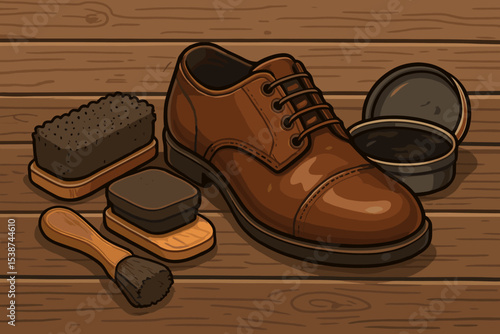 Shoeshine kit vector illustration of classic men's shoe care. Gentleman's footwear maintenance concept with brown leather oxford, polish, wax, and brushes on a wooden background.