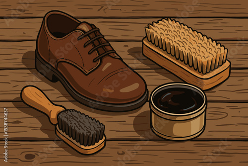 Vintage shoe care kit vector art. Brown leather shoe with polish wax, dauber brush, and buffing brush on a wooden table. Classic gentleman footwear maintenance concept.