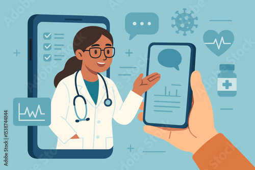 Virtual doctor consultation via smartphone app. Telehealth and telemedicine concept. Female doctor giving online medical advice to patient. Remote healthcare and digital medicine vector.