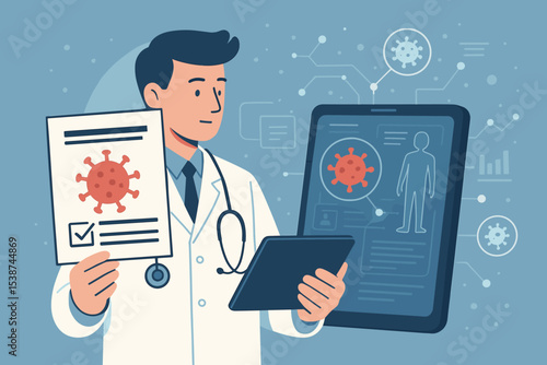 Doctor analyzing COVID-19 medical report on tablet. Physician reviewing patient data and coronavirus test results. Concept for digital healthcare, pandemic research, and virology.