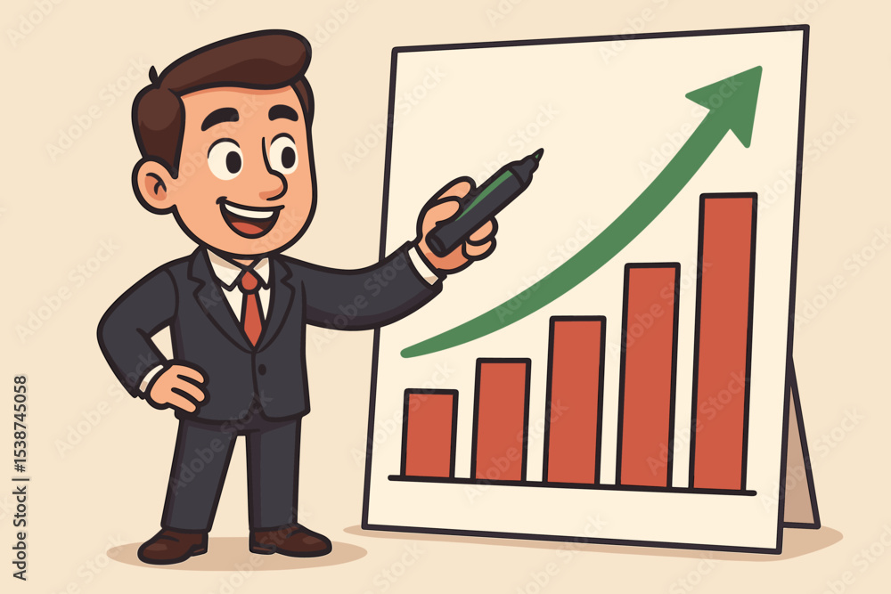 Cartoon businessman character presenting business growth strategy. Manager pointing at rising bar chart with green arrow. Concept for success, profit, development and achievement. Cartoon businessman character presenting business growth strategy. Manager pointing at rising bar chart with green arrow. Concept for success, profit, development and achievement.
