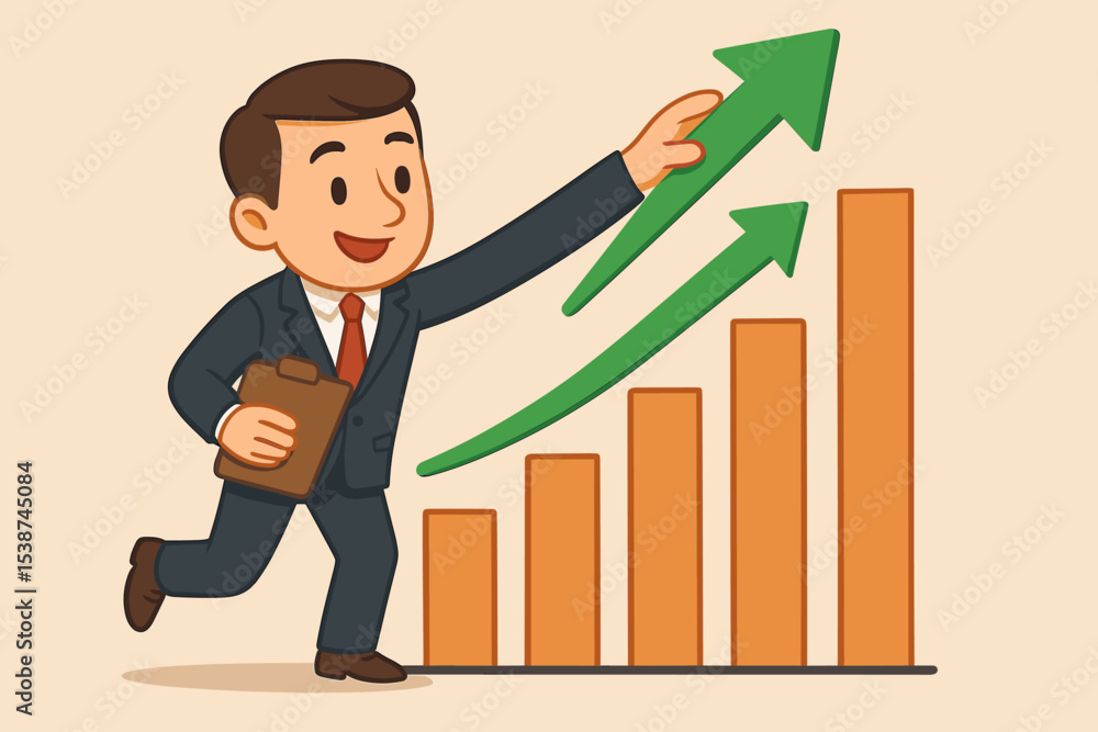 Businessman running with rising bar chart, pushing green arrow up. Concept of business growth, success, and strategy. Financial profit, career development, market increase. Businessman running with rising bar chart, pushing green arrow up. Concept of business growth, success, and strategy. Financial profit, career development, market increase.
