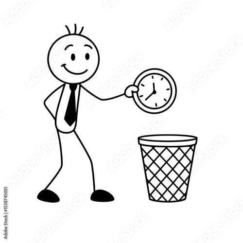 Cheerful man throwing clock into bin symbolizing time-wasting awareness