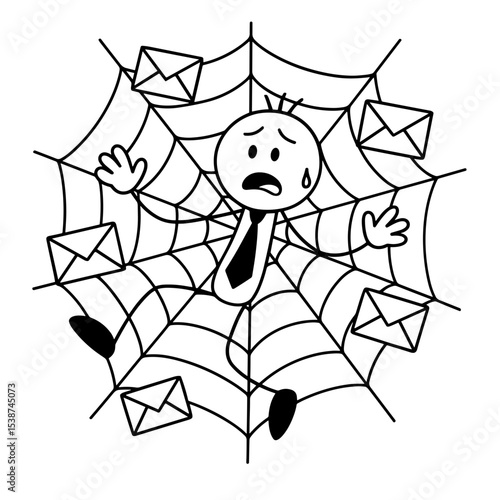 Overwhelmed man caught in web of emails symbolizing digital burnout