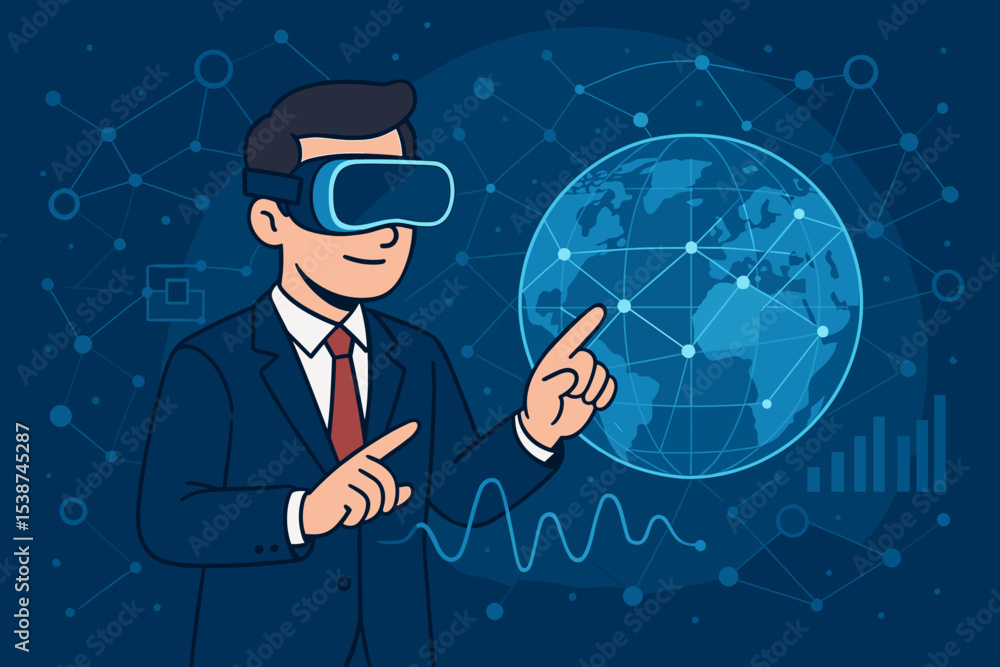 Businessman in virtual reality glasses working in the metaverse. Concept of global business, innovation, futuristic technology. Man interacting with a digital interface, data and globe. Businessman in virtual reality glasses working in the metaverse. Concept of global business, innovation, futuristic technology. Man interacting with a digital interface, data and globe.