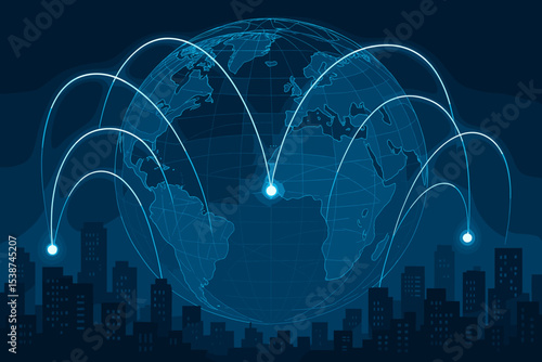 Global communication network concept. Futuristic technology background with world globe and city skyline. Internet connection, data transfer, telecommunication lines and global business.