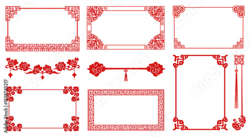 Traditional asian red borders with intricate floral and geometric patterns vector illustration