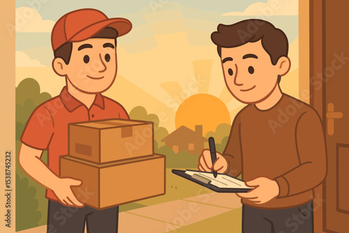 Courier delivering parcels to customer at home. Man signs for package on clipboard. Concept for e-commerce, online shopping, logistics, express shipping, and home delivery service.