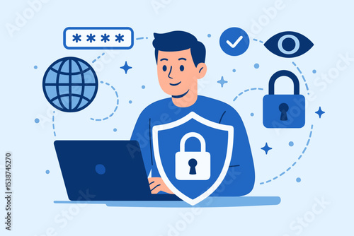 Cybersecurity and data protection concept. Man at laptop with shield for internet security. Secure login, password authentication, network safety, online privacy, information technology.
