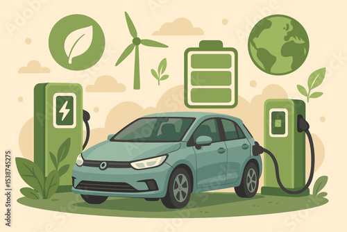 Electric car charging at a power station. Eco-friendly transport and sustainable mobility concept. Green energy vector illustration with wind turbine, battery, and earth icons.