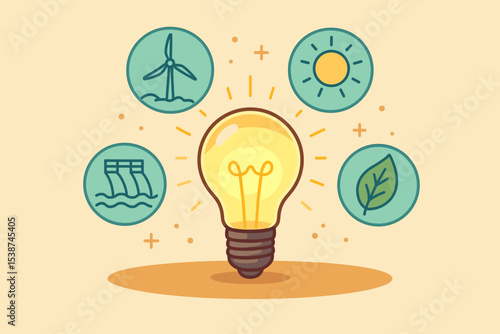Renewable energy concept. Green power idea. Sustainable electricity sources icon set. Lightbulb with wind turbine, solar energy, hydropower dam, bioenergy leaf. Eco friendly technology.